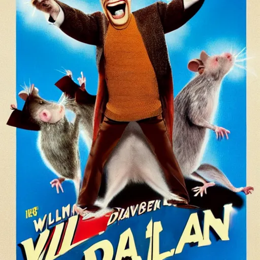 Image similar to movie poster of william dafoe as an anthropomorphic singing rat