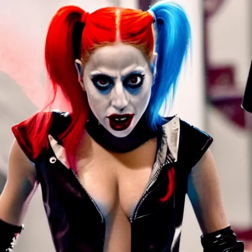 Image similar to movie still of lady gaga as harley quinn great lighting 4k quality