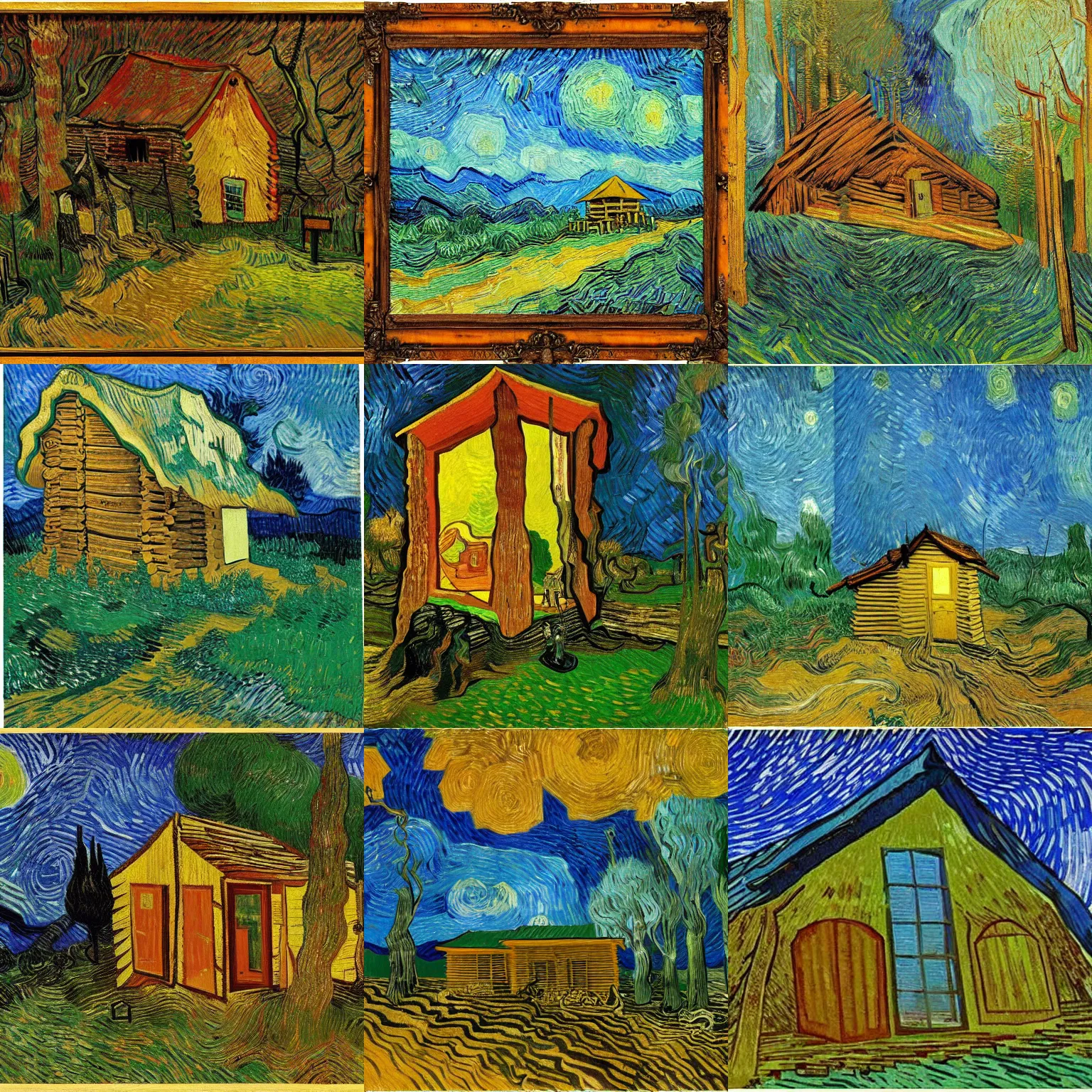 Prompt: [ a log cabin in the forest ] [ van gogh ] [ salvador dali ]
