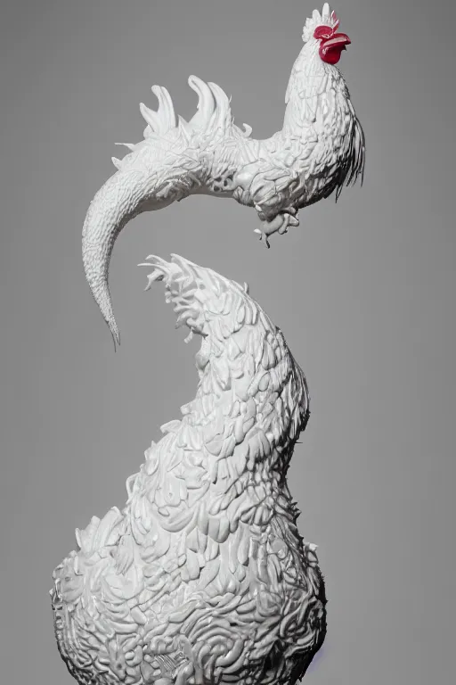 Image similar to full head and shoulders, realistic bjork porcelain rooster sculpture, smooth, delicate facial features, white eyes, white lashes, detailed white, lots of 3 d gold chinese dragons anatomical, all white features on a white background, by daniel arsham and james jean