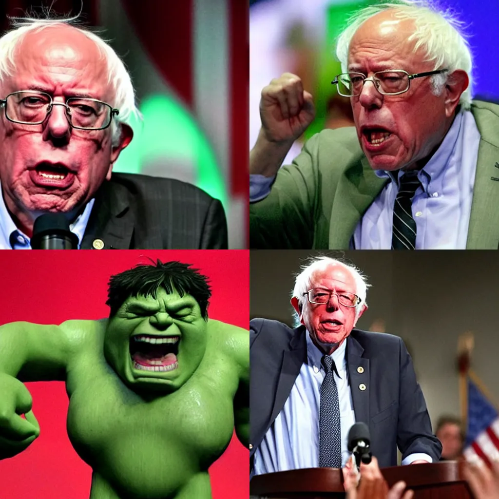 Prompt: Bernie Sanders turns into the incredible green hulk!! while speaking on the congress floor, Associated Press Photo