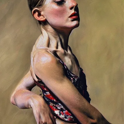 Image similar to high quality high detail painting by lucian freud, hd, exaggerated portrait of a ballerina, photorealistic lighting