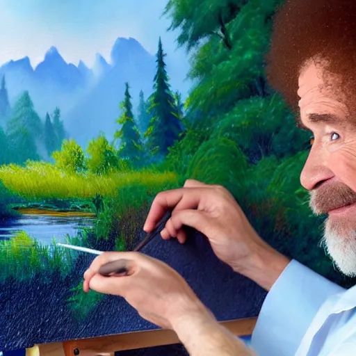 Image similar to a closeup photorealistic photograph of bob ross working on a canvas painting of mickey mouse. film still. brightly lit scene. mountains and trees. this 4 k hd image is trending on artstation, featured on behance, well - rendered, extra crisp, features intricate detail, epic composition and the style of unreal engine.