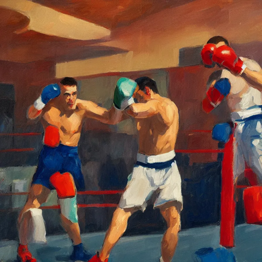 Prompt: a portrait of of boxing man, in the style of edward hopper, in the style of max ginsburg, realism, very small brushstrokes, cinematic lighting, moody, very aesthetic, boxing in an arena, big crowd in the back, flashing lights, blue light, 4 k,
