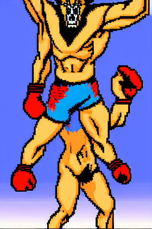 Image similar to extreme long shot. 8 bit nes graphics. hermann nitschantropomorphic muscular masculine wolf. kickboxer fighter, in shorts. wolf head. art from nes game cartridge,