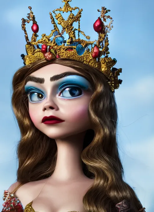 Image similar to closeup face profile portrait of a tin toy cara delevingne as a fairytale princess wearing a crown with tin bunnies, bikini, depth of field, zeiss lens, detailed, symmetrical, centered, fashion photoshoot, by nicoletta ceccoli, mark ryden, lostfish, breathtaking, 8 k resolution, extremely detailed, beautiful, establishing shot, artistic, hyperrealistic, octane render