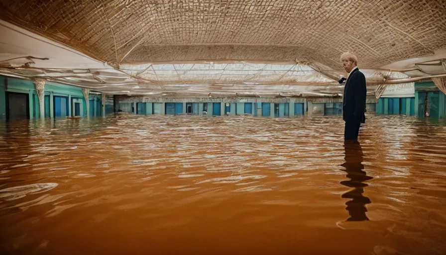 Image similar to a man in a organic barque in a flooded soviet ballroom, leica sl 2 technicolor, heavy grain, high quality, high detail