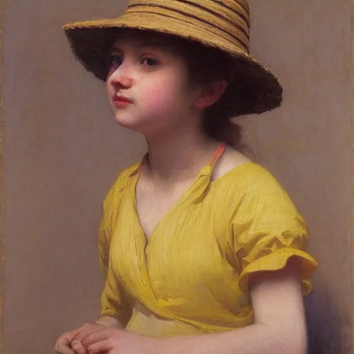 Prompt: young girl wearing a straw hat and a yellow shirt, full-length, bouguereau