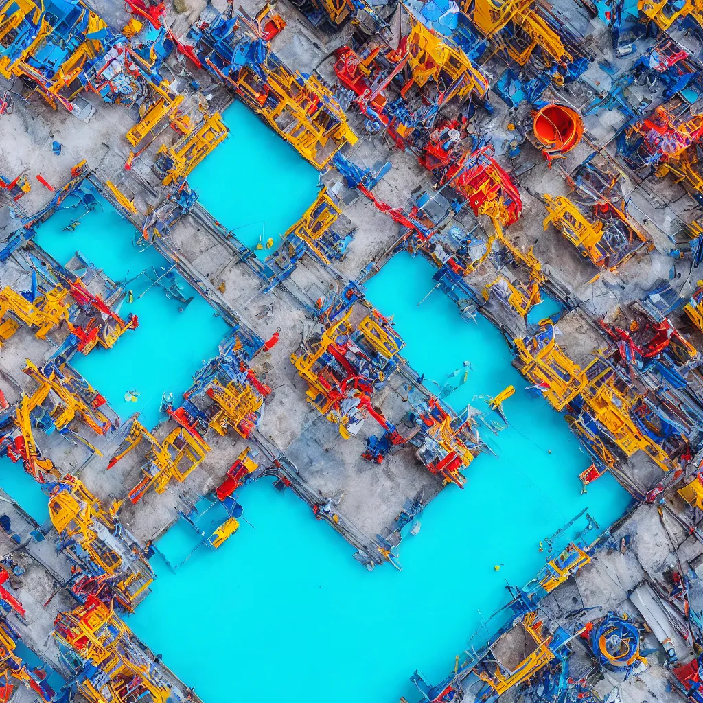 Image similar to colorful construction site with pools of bright blue water, birds eye view