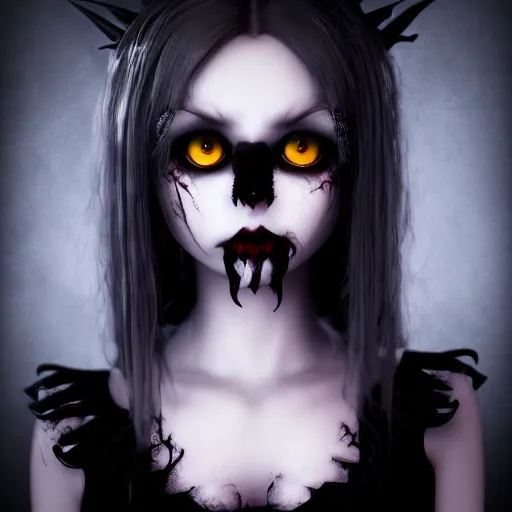 Prompt: photorealistic full shot portrait of cute angry darkness vampir anime girl, gothic clothing, worrying eyes, inspired by Tim Burton, detailed, unreal engine 4k volumetric light, fog,