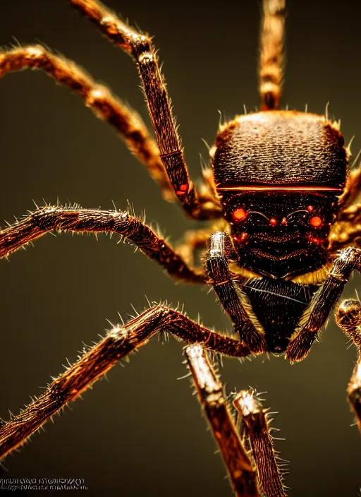 Image similar to macro photo of an intricate biomechanical spider, on the background of a weird magical mechanical forest. Round gears visible inside her hear. Very detailed 8k. Fantasy cyberpunk horror. Sharp. Cinematic post-processing