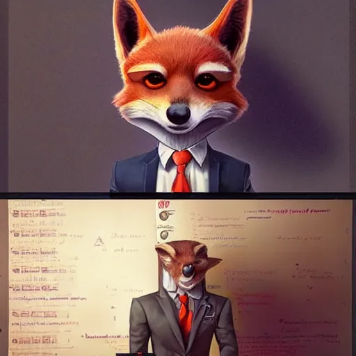 Image similar to a cute male anthropomorphic vulpes vulpes fulva teacher wearing suit working at a school, pixar style, by tristan eaton stanley artgerm and tom bagshaw.