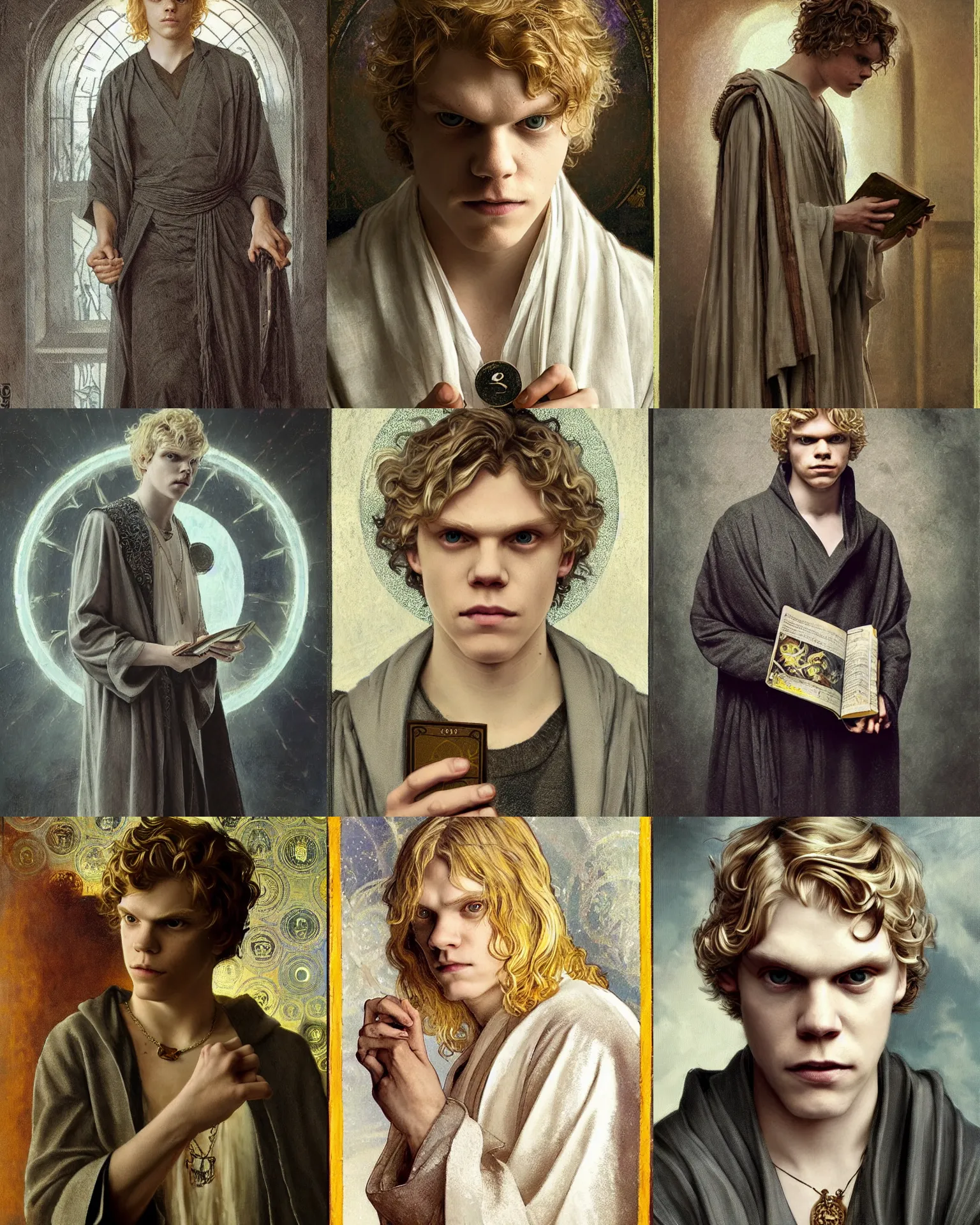 Prompt: portrait of blond evan peters in gray robes, runes, jewelry, mystical, ethereal, tarot card, magical library bokeh, painting by greg rutkowski and alphonse mucha