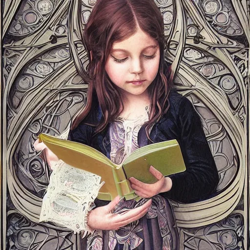 Image similar to realistic detailed face portraits and fully body poses of children reading books by emilia dziubak, will terry, greg olsen, chris mars, ann long, and mark brooks, fairytale, art nouveau, victorian, neo - gothic, character concept design, smooth, extremely sharp detail, finely tuned detail, story book design, storybook layout