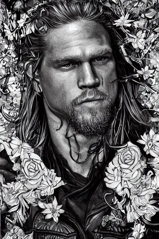 Image similar to Photorealistic half body Portrait of Jax Teller as a very attractive muscular biker, all his skin covered by flowers, elvish symbols and and dark grim themed tattoos. surrounded by magic lightings overlays, Intricate, concept art, magic lighting overlays, magical portal opened, D&D!, fantasy style, sharp focus!, ultra detailed, art by Artgerm and Peter Andrew Jones, WLUP, Magali Villeneuve