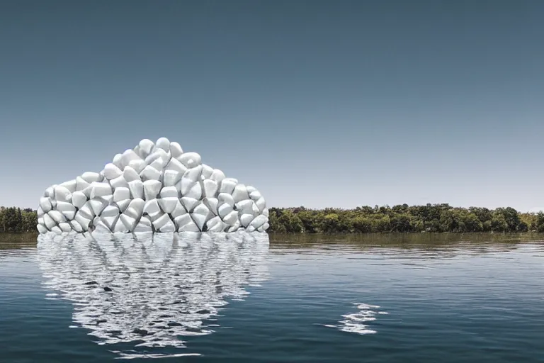 Prompt: a building formed by many white bubble shaped spaces arranged and combined, on the calm lake, people's perspective