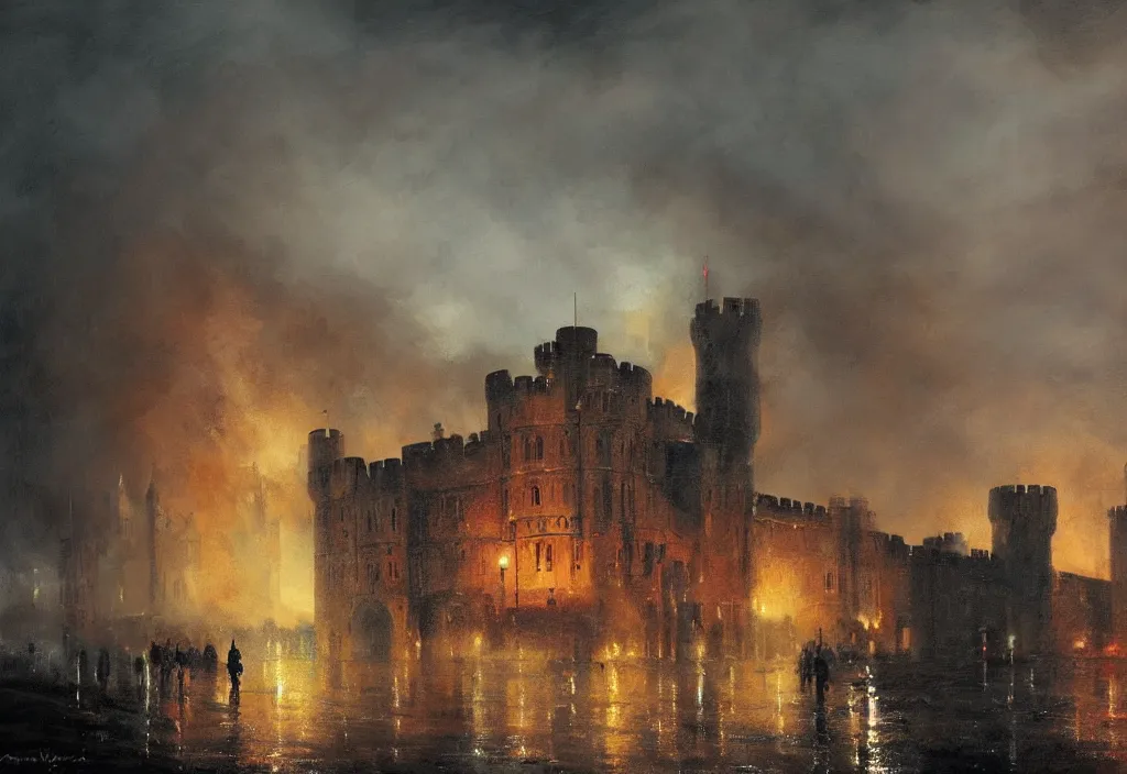 Prompt: windsor castle on fire, artstation, jakub rozalski, high detail, dramatic lighting, night, rain