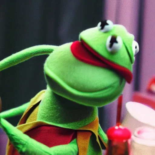 Prompt: candid photo of kermit the frog sitting on the couch smoking out of a bong, ted ( 2 0 1 2 ) bong scene, kermit the frog, high resolution photo, trending on artstation, interior design