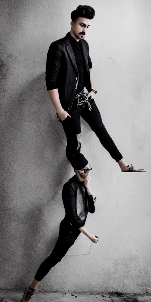 Vertical Portrait Of Young Handsome Brunet In Contrast Lightning And His  Shadow On White Wall