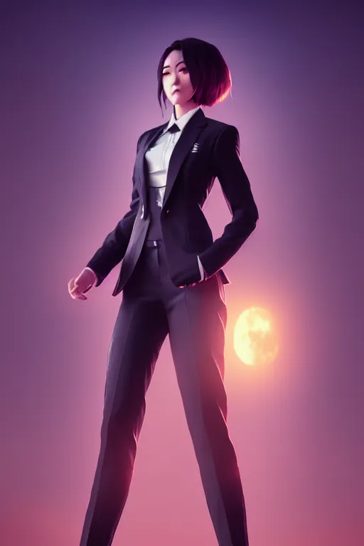 Image similar to a woman in a suit on a beautiful night inspired by ross tran and wlop and masamune shirow and kuvshinov, concept art, intricate, photorealistic, octane render, rtx, hdr, unreal engine, dnd digital art by artgerm