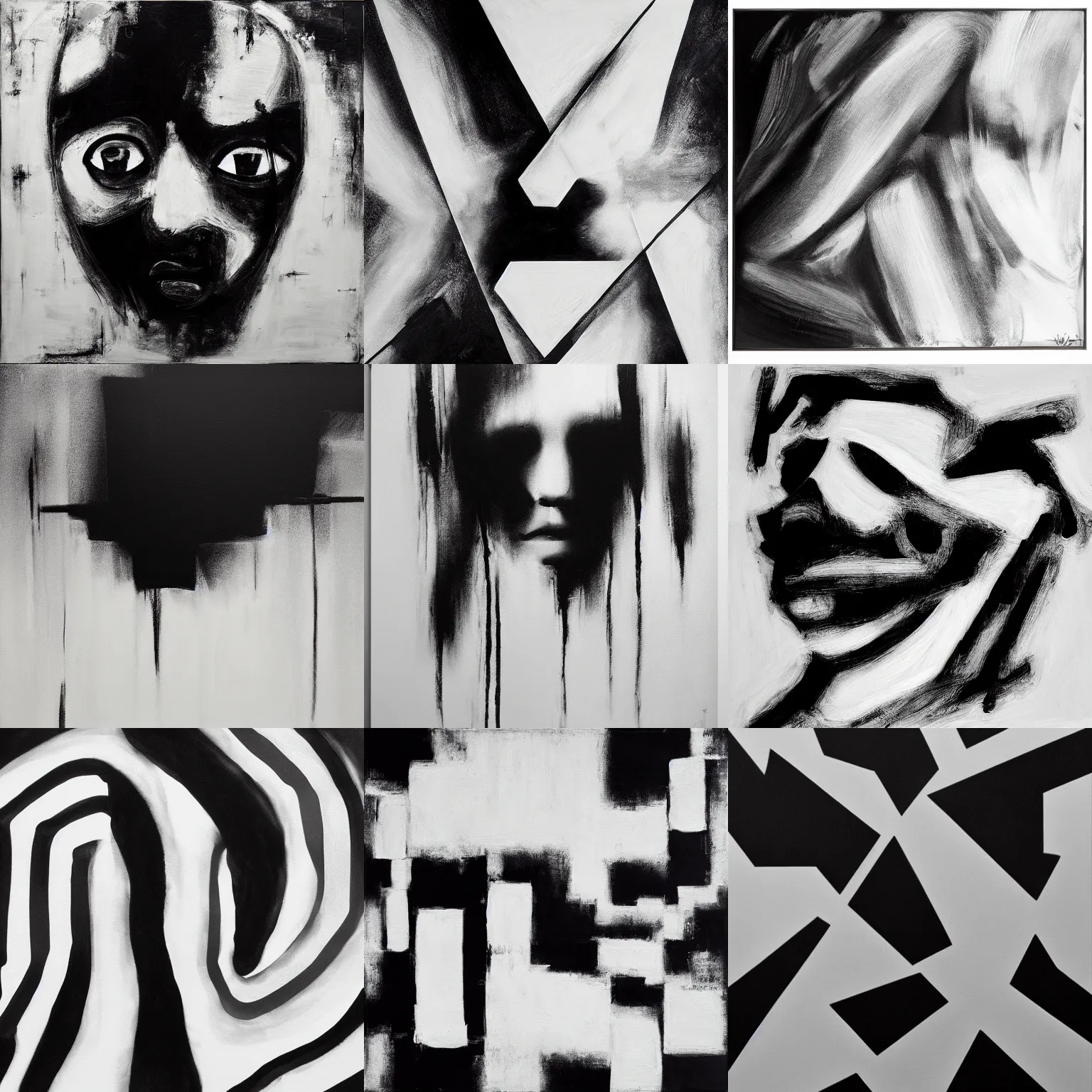 Image similar to a solemn simulacrum, trending on artstation, masterpiece, abstract black and white painting