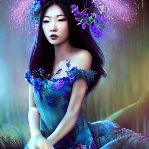 Prompt: ( portrait of a beautiful asian woman lost in her dream )!, with an exotic flower in her hair, wearing a long soft silk dress, portrait by jean hugo, intricate, blue fireflies, unreal engine, 8 k, cinematic lights, atmospheric effects, bokeh, artstation, deviantart, pinterest, dark purple and blue tones