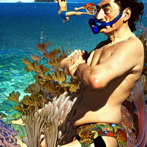 Image similar to salvador dali snorkeling in cap de ras, highly detailed, digital painting, artstation, sharp focus, illustration, art by tan zi and alphonse mucha