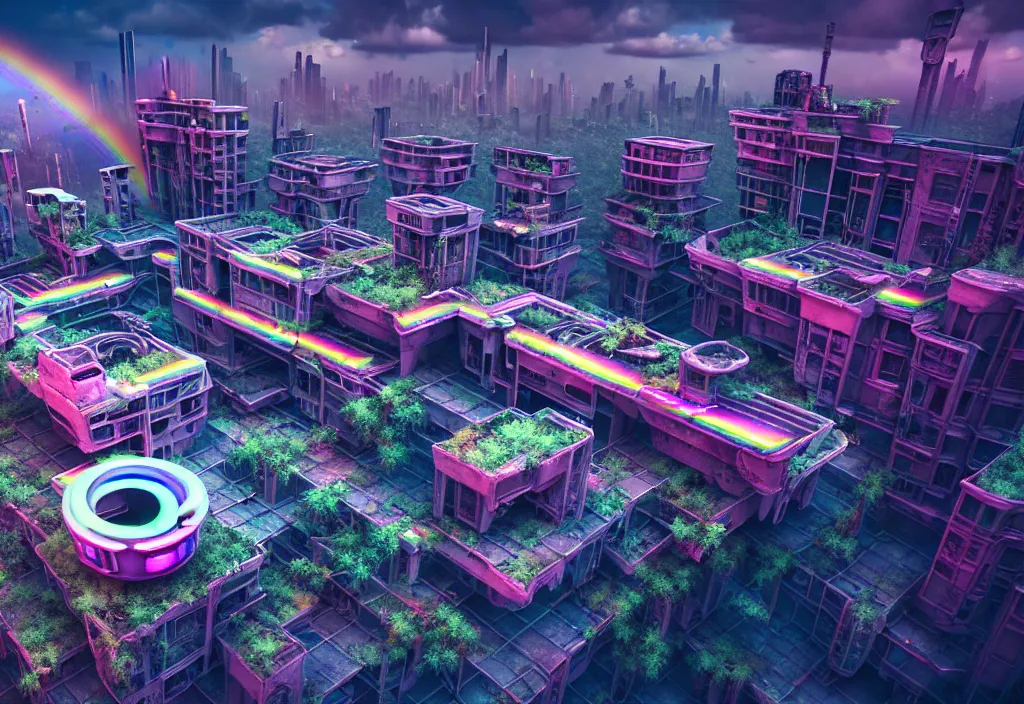 Image similar to A highly detailed crisp unreal engine render of aerial drone photo of A beautiful futuristic cyberpunk abandoned city building with neon, plants, perfect well made rainbow on the sky, sunlight breaking through clouds, debris on the ground, abandoned machines bright warm colors by wangchen-cg, 王琛,Neil blevins, artstation, Isometric japanese city, volumetrics, 3d render, octane render, Gediminas Pranckevicius