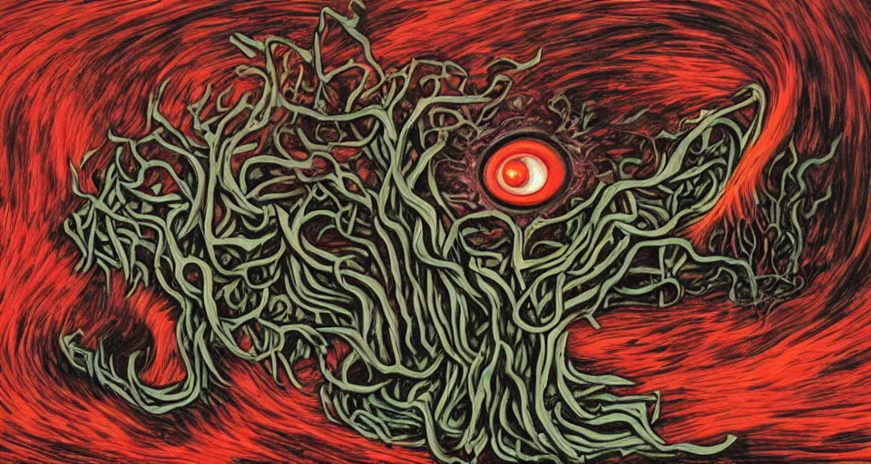 Image similar to a volcano made of ivory vines and crimson rocks enters in eruption, it spits a smoke in the shape of demonic eye, by ED roth