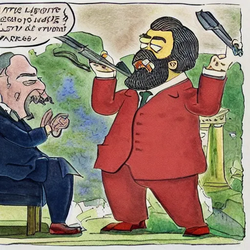 Image similar to the epic battle between Jordan Peterson and Karl Marx, stylised watercolour painting by William Blake and Matt Groening