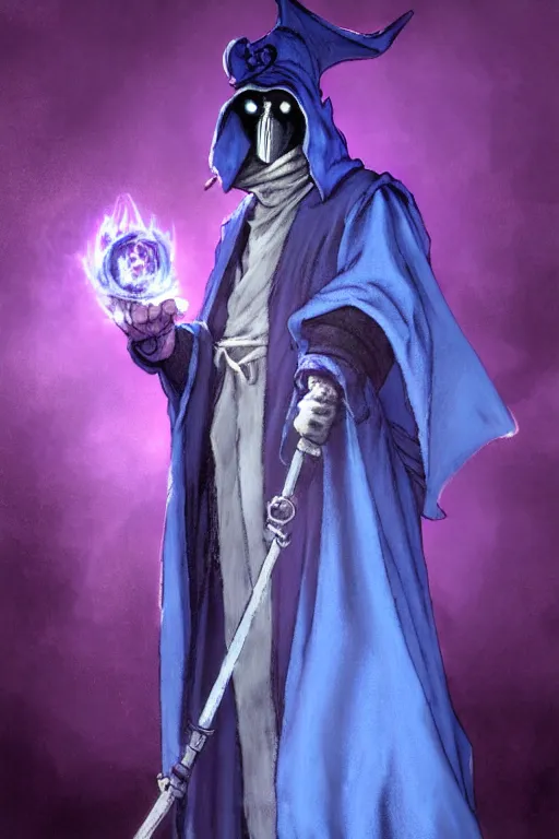 Image similar to a plague doctor with a blue wizard robes as a d & d character, blue robe, magical, blue highlights, hip hop aesthetic, purple evil aura, concept sheet, painting by gaston bussiere, demon slayer, akiri toriyama, dramatic lighting, purple lighting, anime