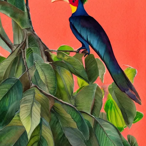 Prompt: a water colour painting of a red - crested turaco