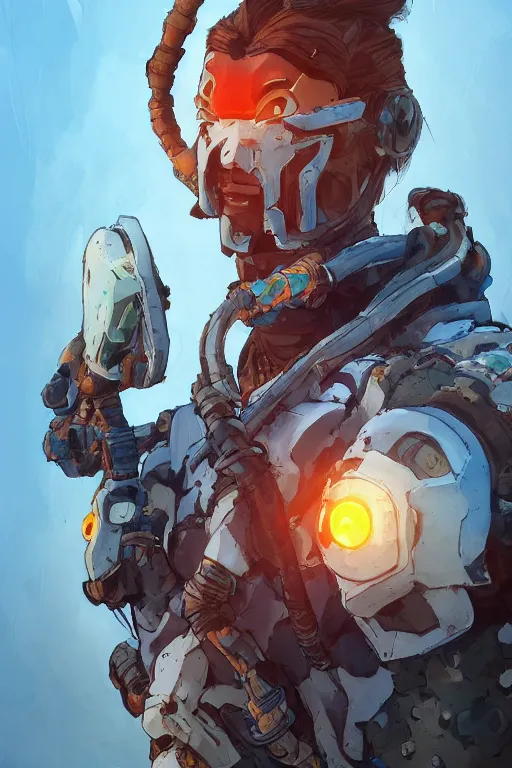 Image similar to combination suit armor aloy horizon forbidden west horizon zero dawn robot ninja mask helmet backpack tribal, art gta 5 comics, official fanart behance hd artstation by jesper ejsing, by rhads, makoto shinkai and lois van baarle, ilya kuvshinov, ossdraws radiating a glowing aura cgi rtx 2 0 2 2