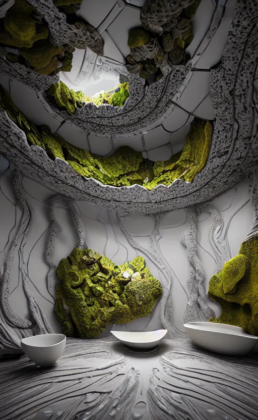 Prompt: highly detailed ultra sharp villa interior cinematic composition of a smooth ceramic porcelain biomorphic magnolia stone nebula fluid fractal sci - fi surreal architecture landscape, granite, metallic, marble, moss, lichen, corals, vincent callebaut composition, mamou - mani, archviz, beautiful lighting, 8 k, unreal engine