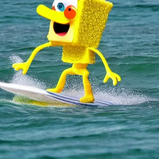 Image similar to real life spongebob, surfing in the sea