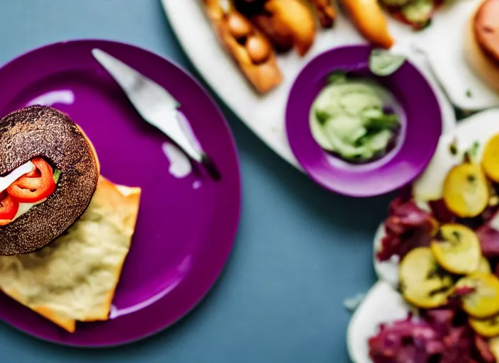 Image similar to dslr food photograph of a hamburger, thanos holding the plate 8 5 mm f 1. 8