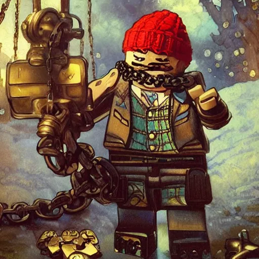 Image similar to gangster lego man with beanie and chains by Stanley Artgerm Lau, greg rutkowski, thomas kindkade, alphonse mucha, loish, norman Rockwel