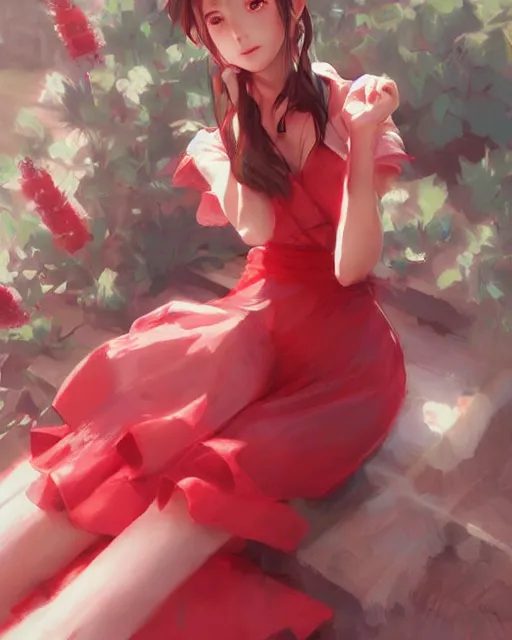 Prompt: aerith gainsborough in red cottagecore dress, portrait, illustration, rim light, top light, perfectly shaded, soft painting, art by krenz cushart and wenjun lin