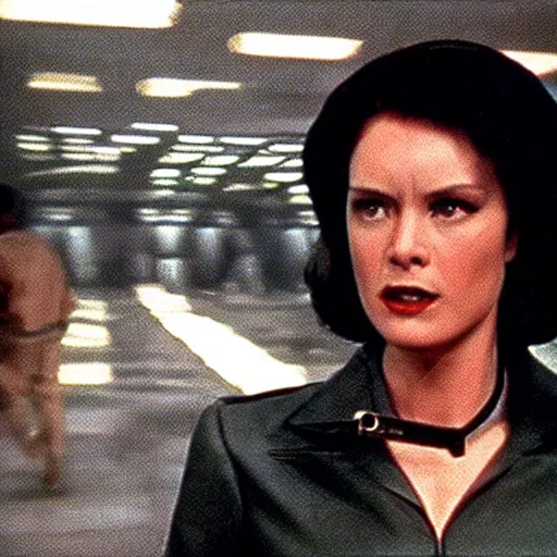 Image similar to still from old 80\'s movie Matrix (1982) actress playing Agent Smith