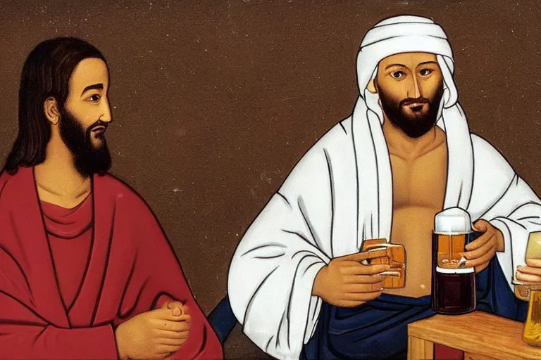 Prompt: prophet Mohamed drinking beer with Jesus