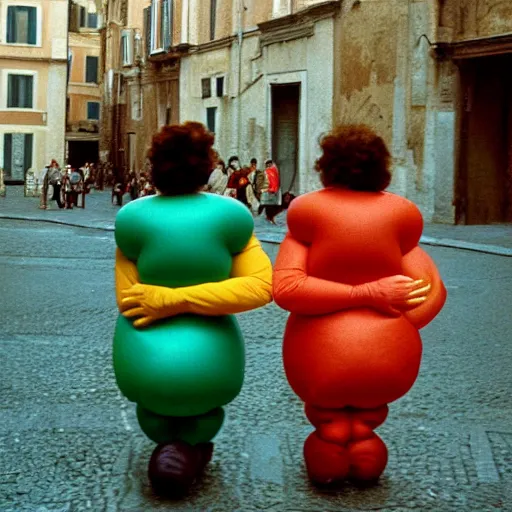 Image similar to two women dressed as squishy inflatable toys from behind, on the streets of rome, film still, fellini 1977 technicolor