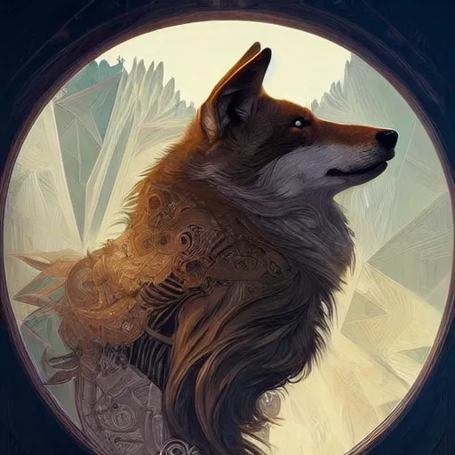 Image similar to Geometric Wolf, intricate, elegant, highly detailed, digital painting, artstation, concept art, smooth, sharp focus, illustration, art by artgerm and greg rutkowski and alphonse mucha