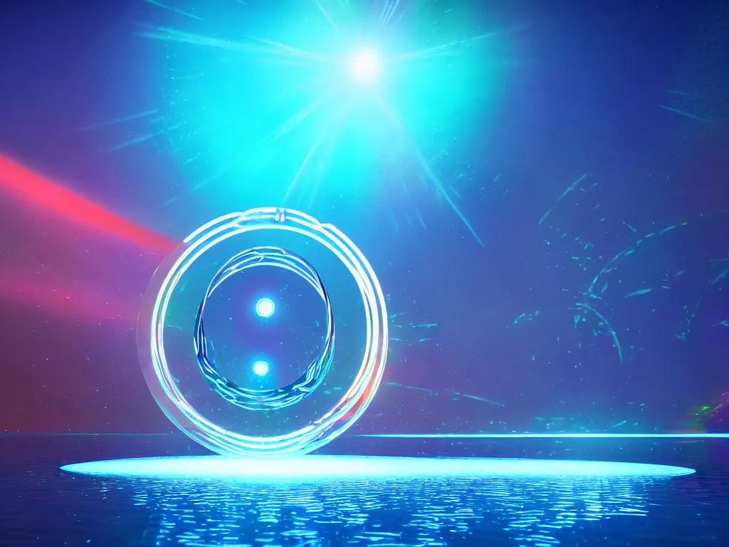 Image similar to beautiful artdeco digital illustration of one beautiful magical gleaming holographic portal to another world, in a lake, opening under the water, magical, ethereal, sci - fi, art, 8 k render octane high definition