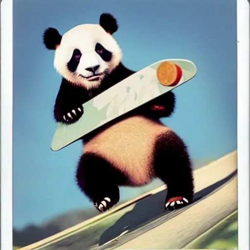 Prompt: grainy head to shoulder portrait polaroid film photograph of a panda skateboarding in california. super resolution. surreal. extremely detailed. polaroid 6 0 0 film. by annie leibovitz and richard avedon