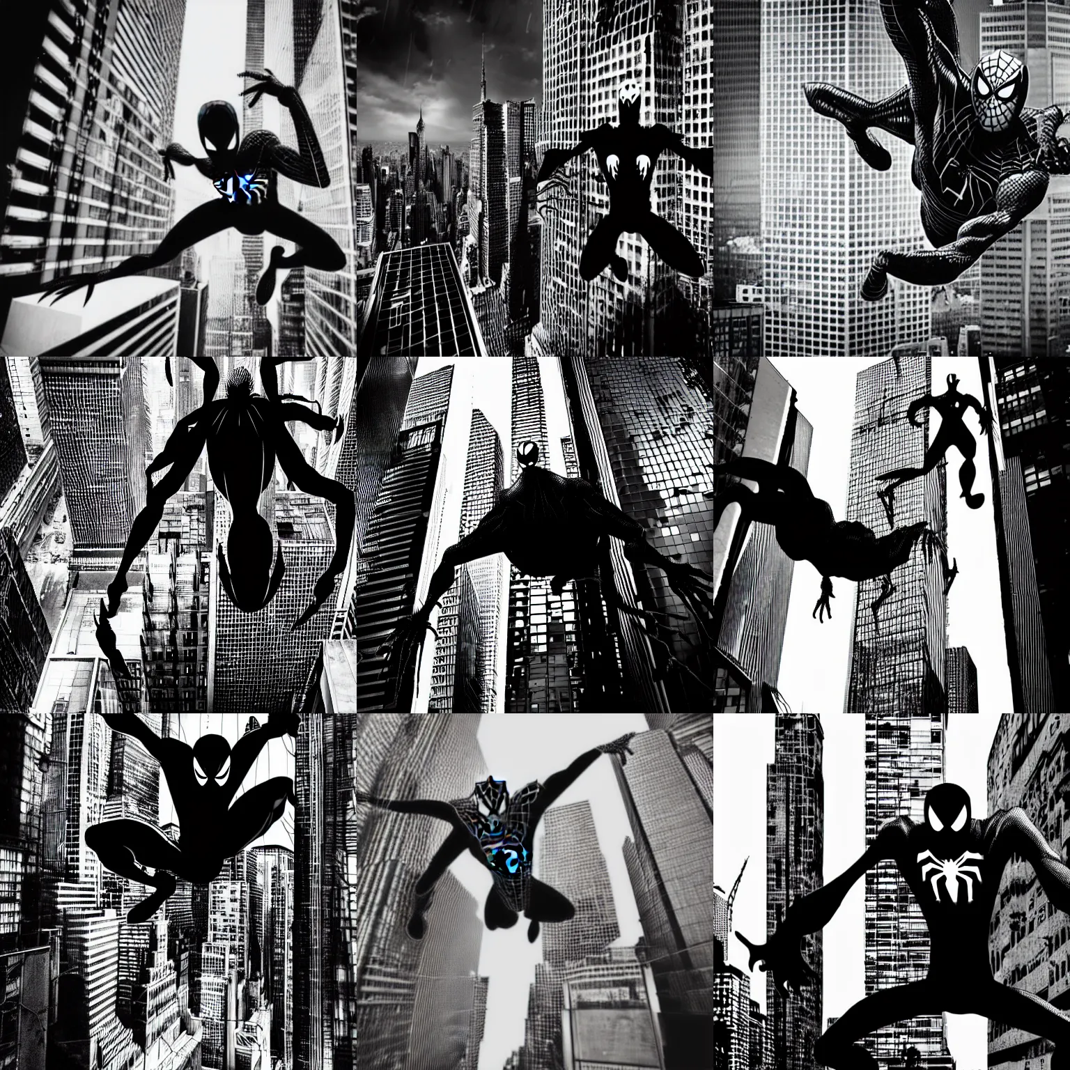 Prompt: black and white angry ugly scary spider - man in a torn suit flies between huge skyscrapers, by tsutomu nihei, black and white, comic, cinematic, no color, detalized cyber new york background