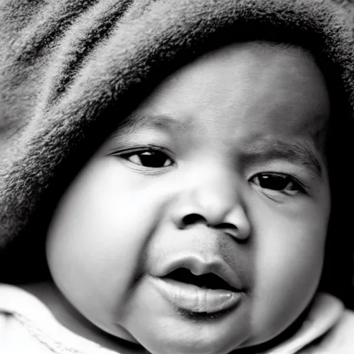 Prompt: the face of kanye west at 1 years old, portrait by julia cameron, chiaroscuro lighting, shallow depth of field, 8 0 mm, f 1. 8