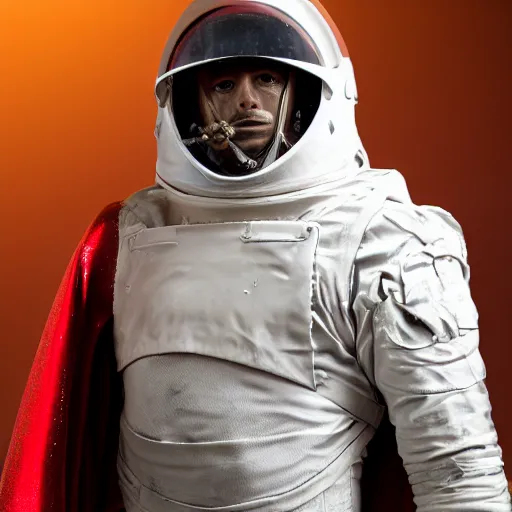 Prompt: portrait of a 5 0 year old soldier wearing blood - spattered glossy sleek white dinged scuffed armor and a long torn red cape, heroic posture, battle - weary, strained expression, determined expression, no helmet, on the surface of mars, dramatic lighting, cinematic, sci - fi, hyperrealistic, detailed