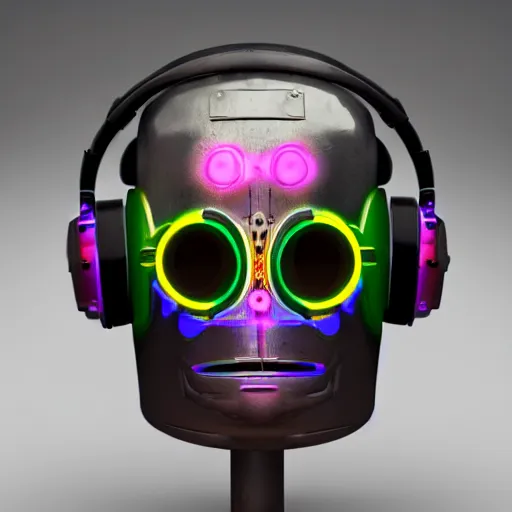 Image similar to a glossy claymodel of a dieselpunk aztec futurism robot head with glowing headphones, 8 k, symetrical, flourescent colors, halluzinogenic, multicolored, very detailed, black background, 3 d render,