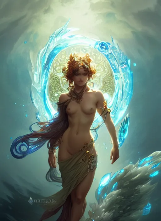 Prompt: summoner with a cute water elemental, fantasy, intricate, elegant, highly detailed, digital painting, artstation, concept art, wallpaper, smooth, sharp focus, illustration, art by artgerm and greg rutkowski and alphonse mucha