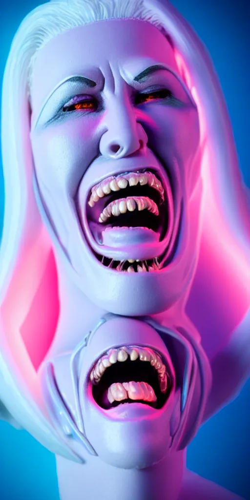 Image similar to high quality photo close-up of gothic cyborg woman laughing with white hair and pearlescent blue skin key sage wayne barlowe very soft pink neon lighting on one side wide angle 35mm shallow depth of field 8k